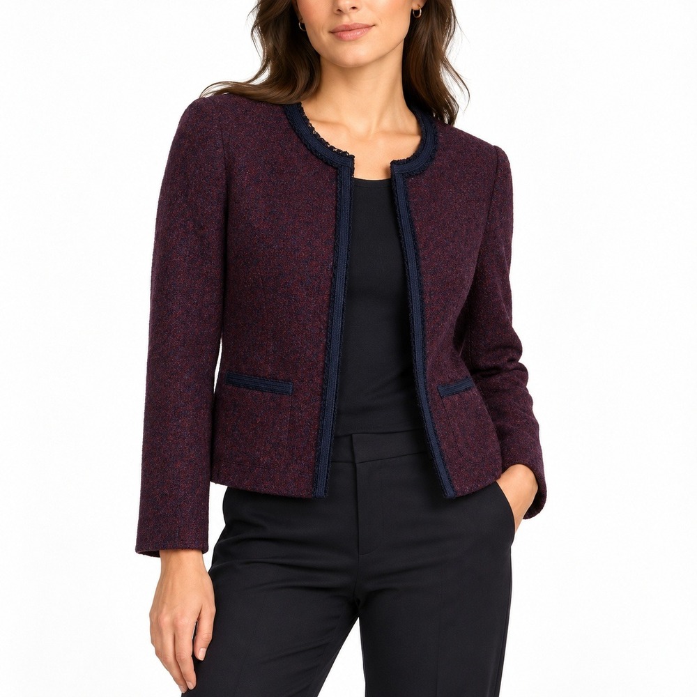 TALBOTS Wool Blend Boucle Braid Trim Jacket in Burgundy and Navy Blue. Size 14